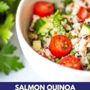 Image shows a bowl of quinoa salad with the words Salmon Quinoa Salad the web address two cloves kitchen dot com.