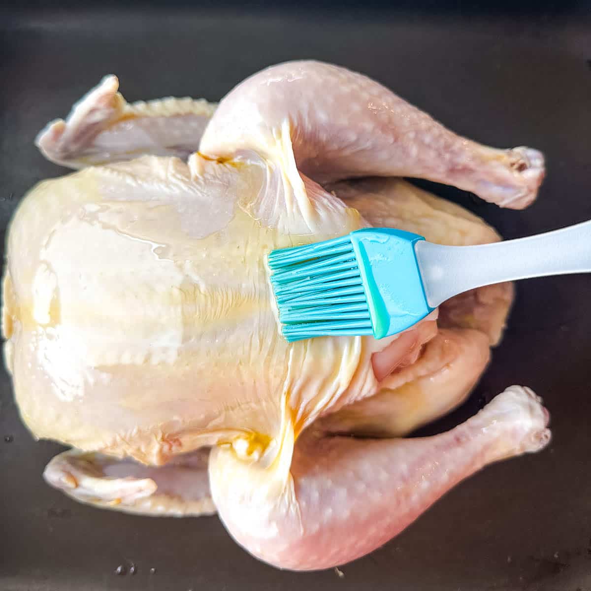 A blue brush is used to brush olive oil on a chicken in a pan.