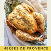 Pin graphic for Herbs de provence roast chicken.