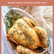 Pin graphic for herbes de provence roast chicken.