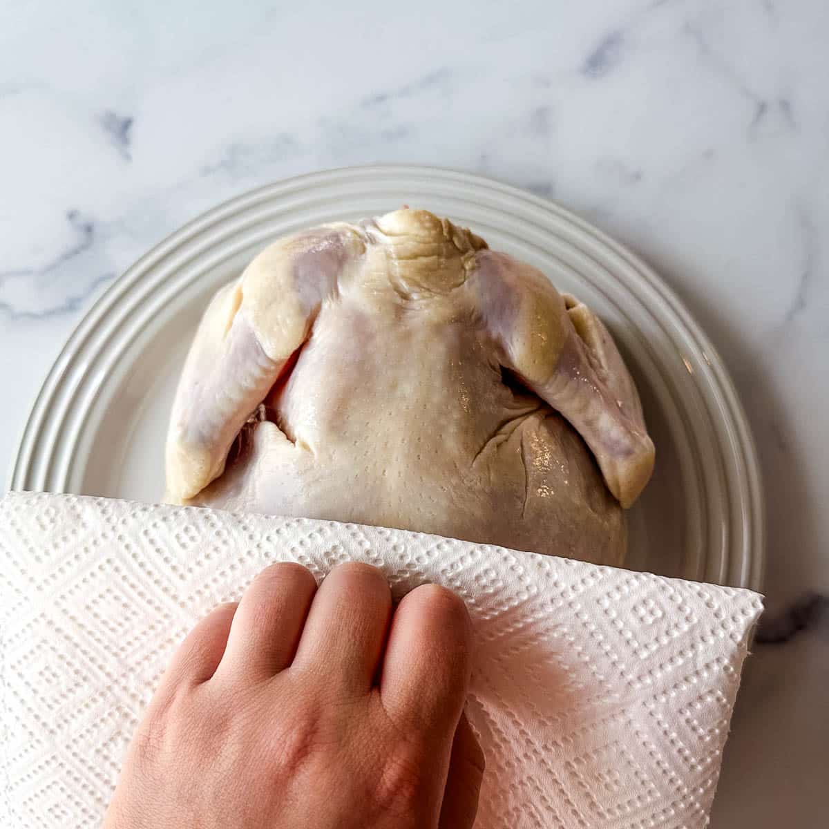 A hand is patting a chicken dry with paper towels.
