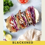 Pinterest graphic for blackened redfish tacos with cilantro lime crema.