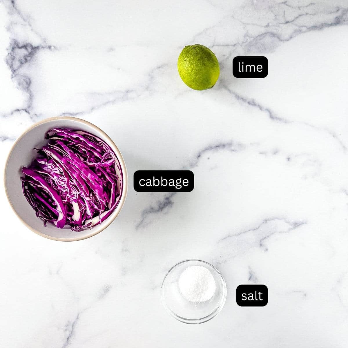 Red cabbage, a lime, and a pinch bowl of salt on a white marble counter.