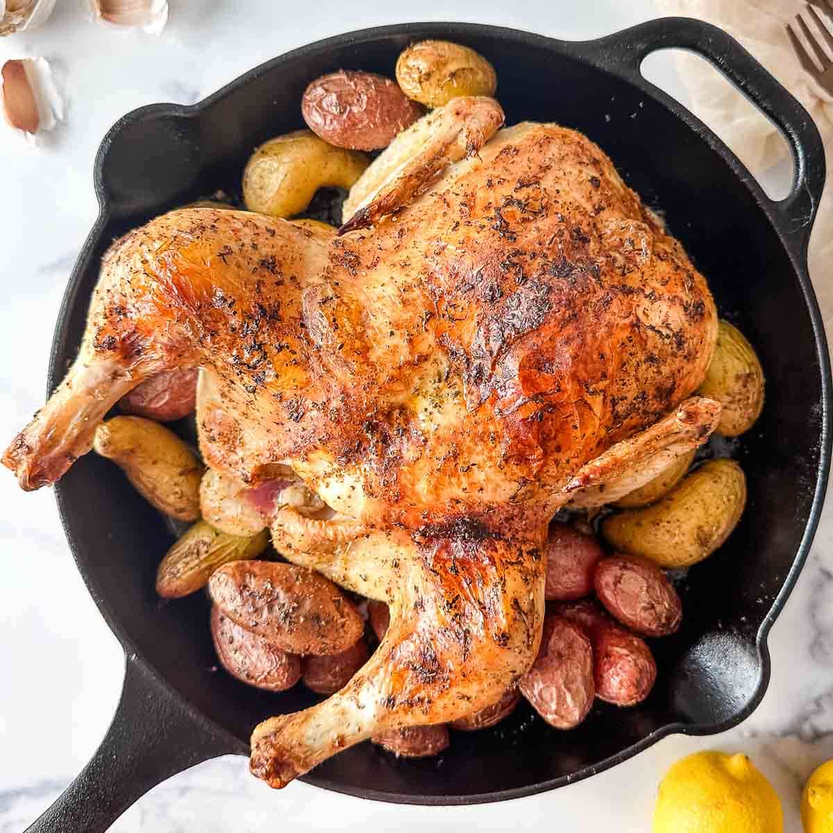 Greek roasted chicken with potatoes in a cast iron skillet.