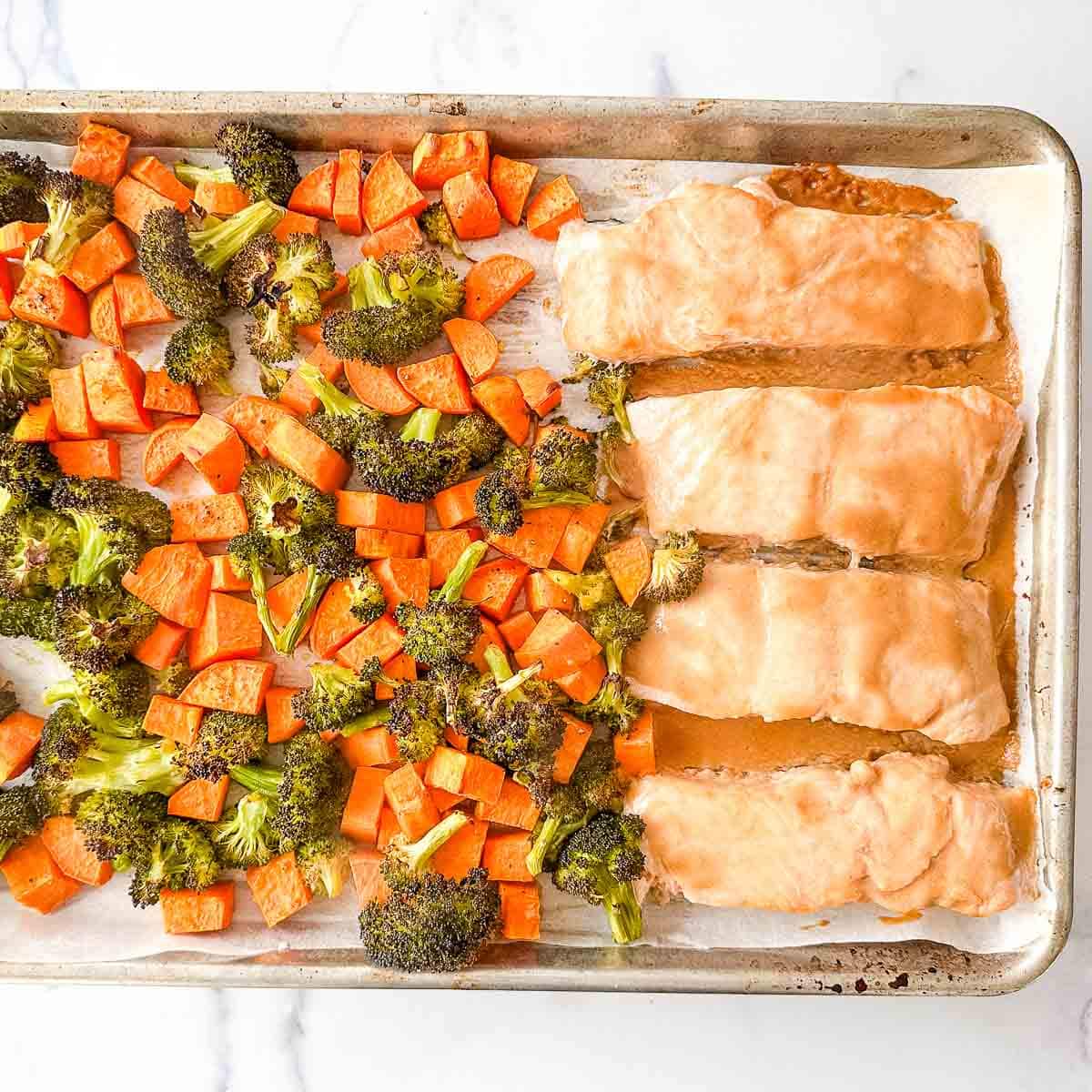Sheet pan salmon, carrots, and broccoli with a maple dijon glaze.