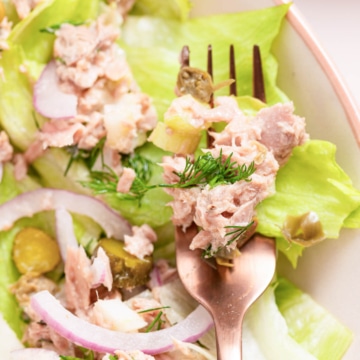 A bowl of tuna salad without mayo with a fork.