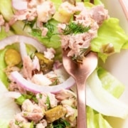 Tuna salad without mayo on a plate with a fork.