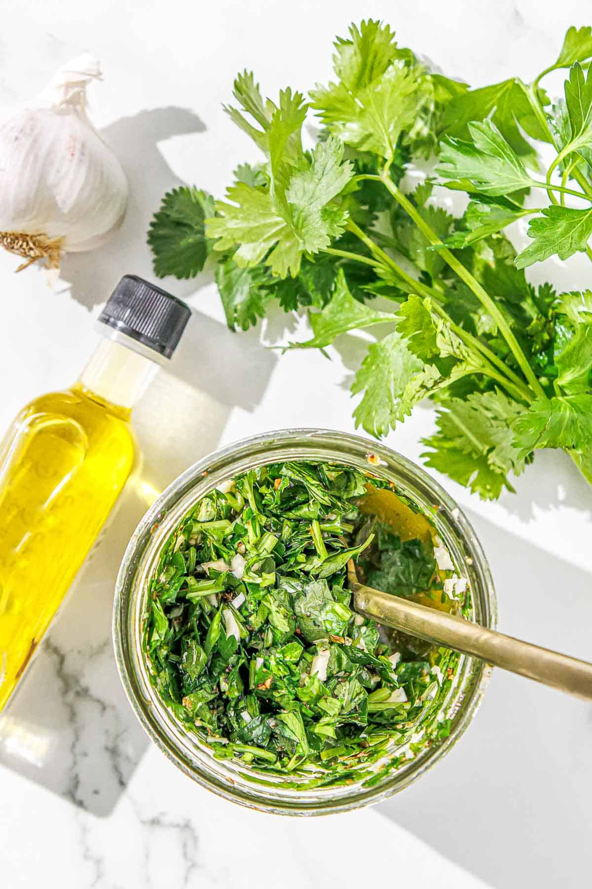 A bowl of cilantro chimichurri surrounded by olive oil, parsley, and garlic.