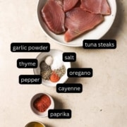 The ingredients for a recipe for blackened tuna steaks.
