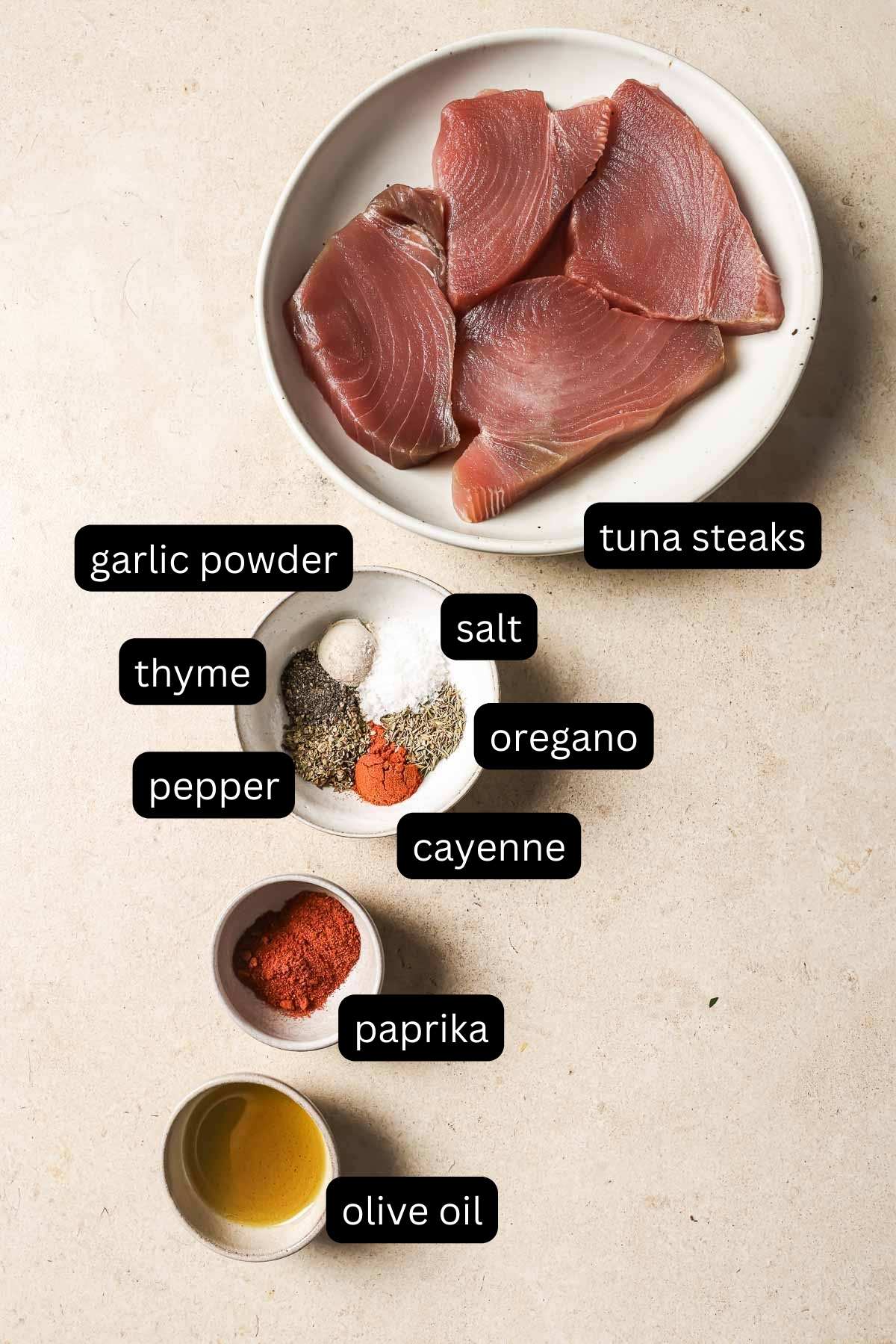 The ingredients for a recipe for blackened tuna steaks.