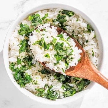 A white bowl filled with chimichurri rice.