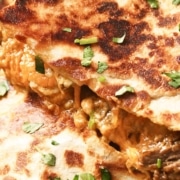 Quesadillas with meat and cheese on a plate.