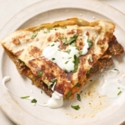 Quesadilla with meat and sour cream on a plate.