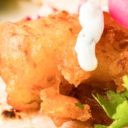 Beer-battered halibut with a dollop of sauce and garnishes on a plate.