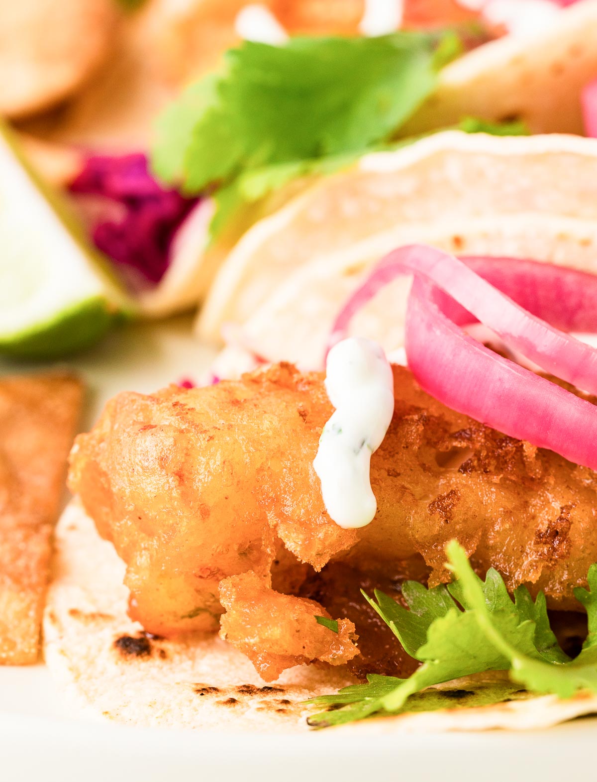 Close-up of a fish taco garnished with cilantro and pickled red onions, with a drizzle of creamy sauce.