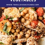Close-up of a chicken, chickpea, quinoa, and summer vegetable dish garnished with fresh basil, with a blue banner displaying the recipe name and website at the top.